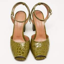 Marni Green Croc Embossed Leather Open Toe Ankle Strap Pumps Size 38