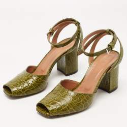 Marni Green Croc Embossed Leather Open Toe Ankle Strap Pumps Size 38