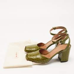 Marni Green Croc Embossed Leather Open Toe Ankle Strap Pumps Size 38
