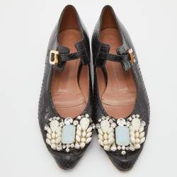 Marni Black Watersnake Leather Crystal Embellished Ballet Flats Size 37