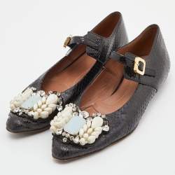 Marni Black Watersnake Leather Crystal Embellished Ballet Flats Size 37