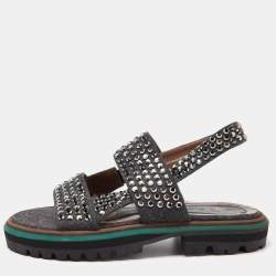 Marni Grey/Brown Leather and Wool Crystals Embellished Flat Sandals Size 40