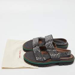 Marni Grey/Brown Leather and Wool Crystals Embellished Flat Sandals Size 40