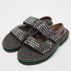 Marni Grey/Brown Leather and Wool Crystals Embellished Flat Sandals Size 40