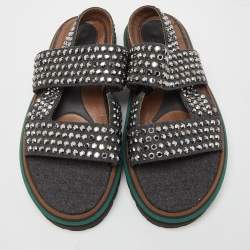 Marni Grey/Brown Leather and Wool Crystals Embellished Flat Sandals Size 40
