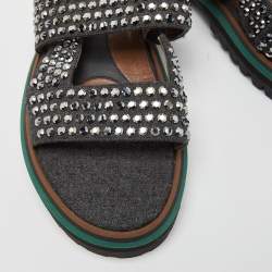Marni Grey/Brown Leather and Wool Crystals Embellished Flat Sandals Size 40