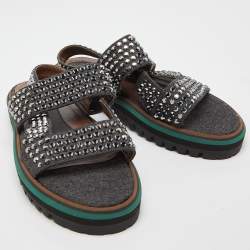 Marni Grey/Brown Leather and Wool Crystals Embellished Flat Sandals Size 40