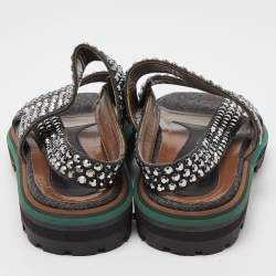 Marni Grey/Brown Leather and Wool Crystals Embellished Flat Sandals Size 40