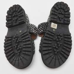 Marni Grey/Brown Leather and Wool Crystals Embellished Flat Sandals Size 40