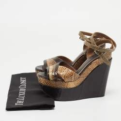 MARNI Brown/Beige Python Wedge Ankle Strap Sandals Size 38