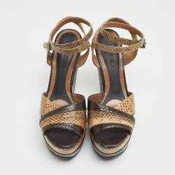 MARNI Brown/Beige Python Wedge Ankle Strap Sandals Size 38