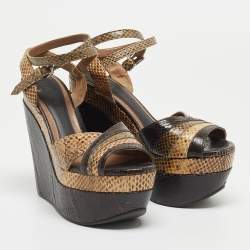 MARNI Brown/Beige Python Wedge Ankle Strap Sandals Size 38