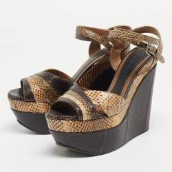 MARNI Brown/Beige Python Wedge Ankle Strap Sandals Size 38