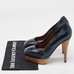 Pre Owned Marni Metallic Blue Leather Square Toe Platform Pumps Size 36