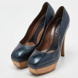 Pre Owned Marni Metallic Blue Leather Square Toe Platform Pumps Size 36