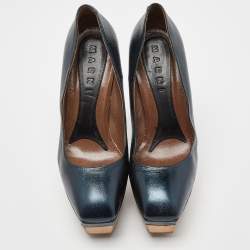Pre Owned Marni Metallic Blue Leather Square Toe Platform Pumps Size 36