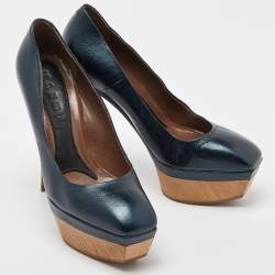 Pre Owned Marni Metallic Blue Leather Square Toe Platform Pumps Size 36