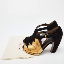 Marni Black/Gold Suede and Leather Peep Toe Platform Sandals Size 40.5