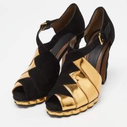 Marni Black/Gold Suede and Leather Peep Toe Platform Sandals Size 40.5