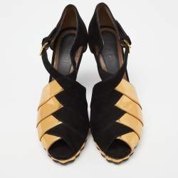 Marni Black/Gold Suede and Leather Peep Toe Platform Sandals Size 40.5
