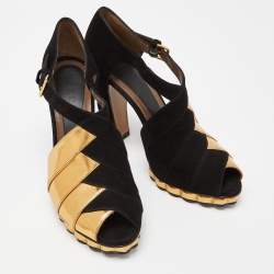 Marni Black/Gold Suede and Leather Peep Toe Platform Sandals Size 40.5