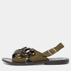 Marni Green Leather and Calfhair Embellished Flat Sandals Size 38