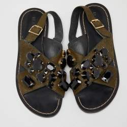 Marni Green Leather and Calfhair Embellished Flat Sandals Size 38