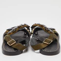 Marni Green Leather and Calfhair Embellished Flat Sandals Size 38