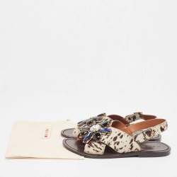 Pre Owned Marni White/Brown Animal Print Calf Hair Crystal Embellished Flat Sandals Size 39