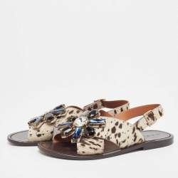 Pre Owned Marni White/Brown Animal Print Calf Hair Crystal Embellished Flat Sandals Size 39