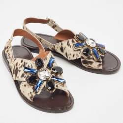 Pre Owned Marni White/Brown Animal Print Calf Hair Crystal Embellished Flat Sandals Size 39