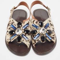 Pre Owned Marni White/Brown Animal Print Calf Hair Crystal Embellished Flat Sandals Size 39