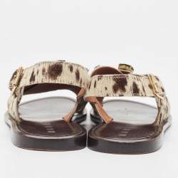 Pre Owned Marni White/Brown Animal Print Calf Hair Crystal Embellished Flat Sandals Size 39