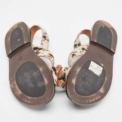 Pre Owned Marni White/Brown Animal Print Calf Hair Crystal Embellished Flat Sandals Size 39