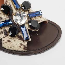 Pre Owned Marni White/Brown Animal Print Calf Hair Crystal Embellished Flat Sandals Size 39