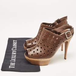 Marni Brown Laser Cut Leather Open Toe Wooden Platform Slingback Sandals Size 37