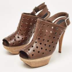 Marni Brown Laser Cut Leather Open Toe Wooden Platform Slingback Sandals Size 37