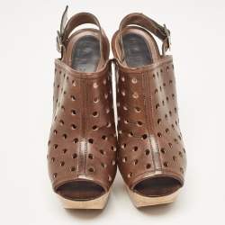 Marni Brown Laser Cut Leather Open Toe Wooden Platform Slingback Sandals Size 37