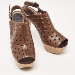 Marni Brown Laser Cut Leather Open Toe Wooden Platform Slingback Sandals Size 37