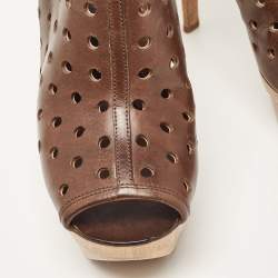 Marni Brown Laser Cut Leather Open Toe Wooden Platform Slingback Sandals Size 37