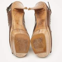 Marni Brown Laser Cut Leather Open Toe Wooden Platform Slingback Sandals Size 37