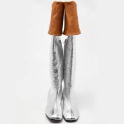 Pre Owned Marni Silver Leather Over The Knee Boots Size 40