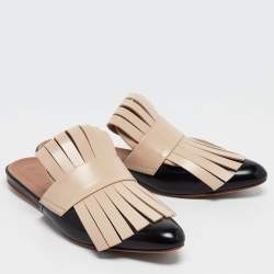 Marni Beige/Black Leather Fringe Flat Mules Size 37