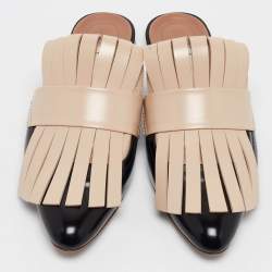 Marni Beige/Black Leather Fringe Flat Mules Size 37