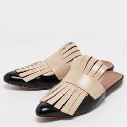 Marni Beige/Black Leather Fringe Flat Mules Size 37