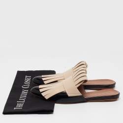 Marni Beige/Black Leather Fringe Flat Mules Size 37