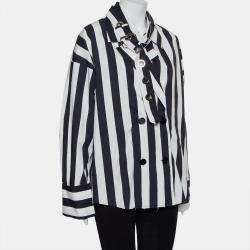 Marques Almeida Navy Blue & White Striped Cotton Double Breasted Belted Blazer M