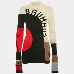 Mary Katrantzou Cream/Black Intarsia Mock Neck Sweater M