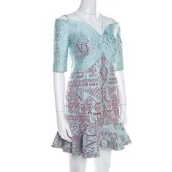  Mary Katrantzou Mint Blue Jacquard and Glitter De Beau Cocktail Dress M 