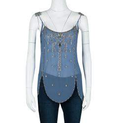 مملوكة مسبقًا Matthew Williamson Blue Crystal Embellished Sleeveless Silk Top M